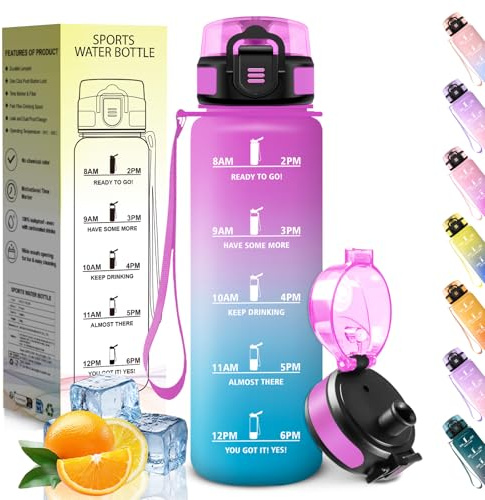 HoneyHolly Botella Agua, 1L, Marcador de Tiempo, Portátil, Cantimplora, Libre de BPA, Botella Agua Gimnasio, A Prueba de Fugas, Water Bottle para Gimnasio, Ciclismo, Oficina y Exteriores