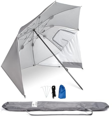 BESTIF Sonnenschirm Strandmuschel Groß XXL | Robuster 2IN1 Schirm für Strand Garten | Sonnenschutz UV-Schutz 50 | faltbar multifunktional | Fenster 210x220cm (Grau)