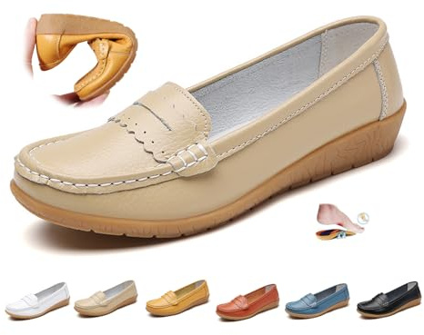 Mocassins orthopédiques pour femme en cuir respirant, mocassins en cuir véritable, semelle souple, coupe large, style décontracté, pour le travail, le bureau, les soins infirmiers, Beige., 10 UK Wide