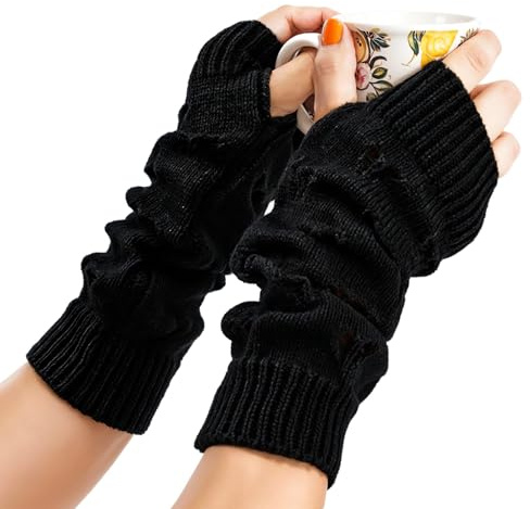CIATBYYJ Black Fairy Grunge Arm Warmers Y2k with Thumb Hole, Soft Fingerless Ripped Long Sleeve Warm Crochet Gloves, Goth Women Girls Grunge Accessories for Band Party Halloween Christmas