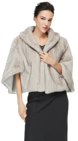 BEAUTELICATE Women’s Faux Fur Cape Bolero Winter Wedding Coat Jacket Bridal Bridesmaid Shawl Wrap With Dolman Sleeve Grey S-M