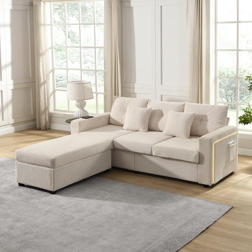 Ligterra Sofa L Form mit Schlaffunktion, Ecksofa mit Schlaffunktion, Sofa 3 Sitzer, übergroßer Abnehmbarer Ottoman, Hochbelastbares Modulares Wohnzimmermöbel in L-Form (Beige)