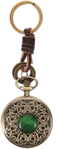ibasenice Vintage Pocket Watch Keychain with Large Dial Arabic Numerals | Alloy watch case, retro bronze finish, leather strap design, clear Arabic numerals, compact keychain clip