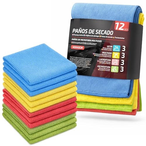 VENTUX GEAR Set de 12 Chiffons en Microfibre pour Voiture et Maison || vitres, Multi-usages, Polissage, séchage || Multicolore