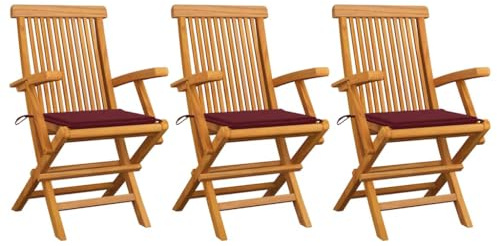 IBUQDDV 3 Stück Gartenstühle aus Massivholz Teak mit Weinroten Kissen Klappstühle für Terrasse Garten und Innenhof Wetterbeständige Holzstühle mit Polsterung Leicht und Flexibel
