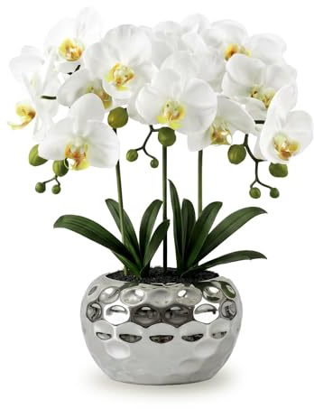 PlusFive Artificial Orchid, 47cm White Orchid Artificial Flowers in Pot, Fake Orchid Silk Phalaenopsis Flower Arrangement, Orchid Plant for Housewarming Gift Table Window Sill Home Decor