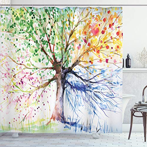 ABAKUHAUS Baum Duschvorhang, Vier Jahreszeiten bunt, mit 12 Ringe Set Stielvoll Modern, 175x200 cm, Braun Mehrfarbig