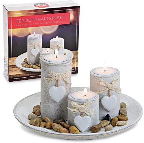 Belladecora 4X Teelichthalter 3er Set mit Dekosteine Herz Anhänger aus Holz Weiß (B/H/T) 24x12x24cm