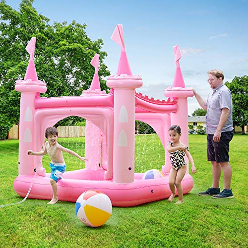 Château Gonflable air de Jeux Aquatique Piscine Enfant Jets d’Eau et Pompe Rose extérieur garçon Fille Teamson Kids TK-48271P-UK/EU