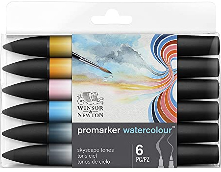 Winsor & Newton 0290168​ ProMarker Aquarellmarker - 2 Spitzen, Pinsel- und feiner Spitze, lichtecht, hochpigmentierte Aquarellfarben im Marker für Kalligrafie, Zeichnungen, 6 Farben Set Himmelstöne