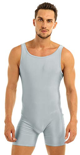 LiiYii Homme Sous-Vêtement de Sport Gymnastique Yoga Justaucorps de Danse Ballet Combishort Sans Manche Léotard Col U Pyjama Soirée Tenue Elastique Bodysuit M-XL Gris M