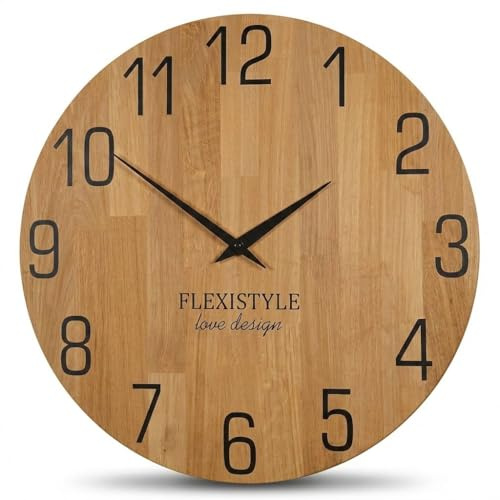 FLEXISTYLE Wanduhr Natur Durchmesser holzoptik 100% Eiche, Holz modern, Wohnzimmer, ohne tickgeräusche … (Eiche/Schwarz, 50cm)