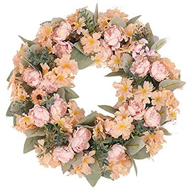 HAOSHICS Corona colgante de flores artificiales, guirnalda de imitación para puerta delantera, corona artificial para puerta, boda, fiesta, hogar, pared, decoración de ventana (rosa champán)