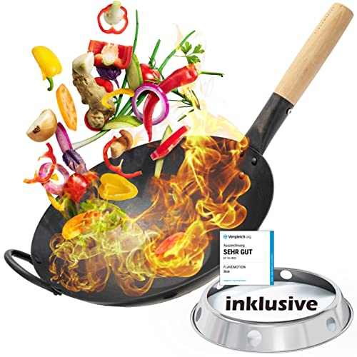 Flavemotion Wok Pfanne 30cm inkl. Wokring - Geeignet als Wokpfanne Induktion sowie für den Grill und Gasherd - Wok Pfanne aus robusten Karbonstahl - Woks & Wokpfannen, Wok Gasbrenner, Wok Induktion