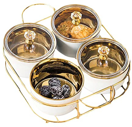 Keramik-Servierplatten mit Deckel, unterteilte Servierschalen mit Metallgestell, Snack-Servierschalen und Metallregal, für Vorspeisen, Süßigkeiten, Nüsse, Kekse, Chips und Dip