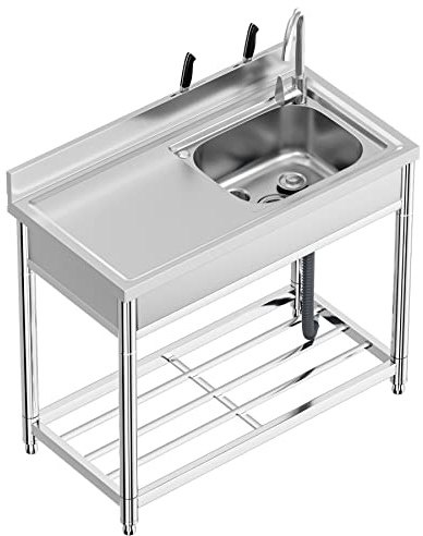 Lavello in Acciaio Inox Professionale 1 Vasca (Destra), 100 × 50 × 94 cm Lavandino Commerciale con Rubinetto, Lavello da Cucina Autoportante per Cucina, Ristorante, Caffè, Garage, Interno, Esterno