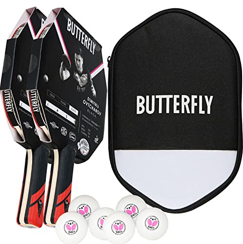 Butterfly Dimitrij Ovtcharov Black 2 x Tischtennisschläger + Tischtennishülle Cell Case II + 2 x + 3*** ITTF R40+ Tischtennisbälle | Tischtennisschlägerset | Profi Set