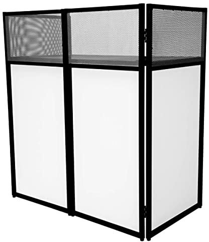 DJ Disco Booth Stand Mixer Shelf Foldable Portable Screen Table Powder Coated Steel Interchangeable Stretch Cloth Panels 1 x Black & 2 x White Cloths Carry Storage Bag Secure Handle Lock Complete Set