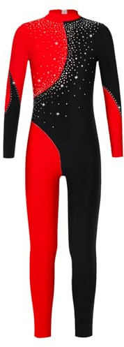 Freebily Konstnärlig Träningsdräkt Flickor Strass Leotards Jumpsuit Heltäckande Träningsdräkt Klassisk Dans Modern Ballerina Yoga Ballettdräkter, Svart och röd, 9-10 år
