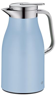 alfi SKYLINE Isolierkanne 1,00 l, 12 h heiß, pastel water mat | 24h kalt, Hartglaseinsatz, Edelstahlkörper, Thermoskanne für Kaffee & Tee, Drucktaste für Einhandbedienung, blau