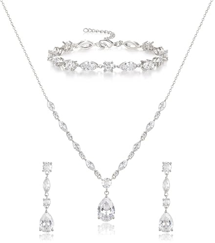 EVER FAITH Teardrop Cubic Zirconia Bridal Jewelry Sets for Bride, Sparkly CZ Elegant Pendant Necklace Dangle Earrings Bracelet Set for Women Clear Silver-Plated-Brass