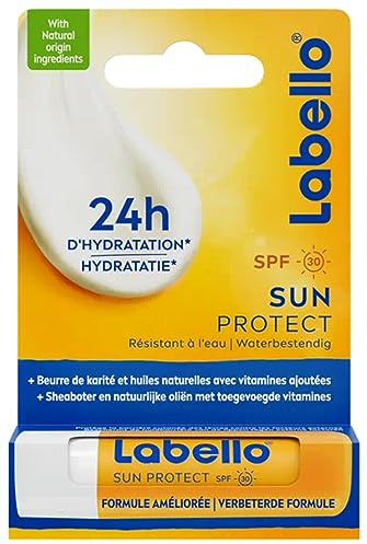 LABELLO Sun ProtectProtection Solaire FPS 30 (1 x 5,5 ml), stick lèvres protection UVA/UVB & hydratation 24 h, baume à lèvres au beurre de karité et huiles naturelles enrichies en vitamines C & E