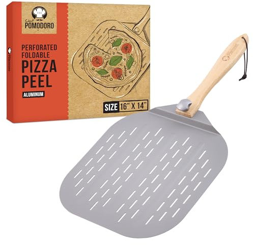 Chef Pomodoro Aluminum Metal Perforated Pizza Peel with Foldable Wood Handle for Easy Storage, Pizza Spatula, Gourmet Luxury Pizza Paddle for Baking Homemade Pizza Bread (36 x 40 cm)