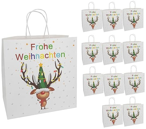 Idena 30360-12 - Geschenktüten Frohe Weihnachten mit Elch, 12 Stück, 28 x 28 x 15 cm, Papiertüten, Geschenktaschen, Weihnachtstüten