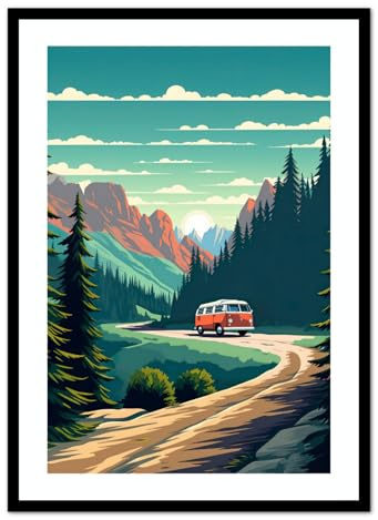 MJ-Graphics - Travel Poster Set für Schlafzimmer, Badezimmer & Wohnzimmer - Wandbild Din A3 300g dickes Kunstdruckpapier - Berge-VW Bus Motiv Bilder ohne Rahmen