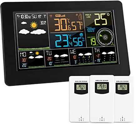 Station Météo Intelligente WIFI Professionnelle 7 En 1 Avec Télécommande APP Et 3 Capteurs, Thermomètre De Température Intérieure Et Extérieure/répétition/prévisions Météorologiques