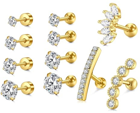 WillTen 11PCS 16G Helix Piercings Chirurgenstahl Gold Silber,Ohrpiercing Set Tragus Ohrstecker Rook Helix Knorpel Nasenpiercing Schmuck