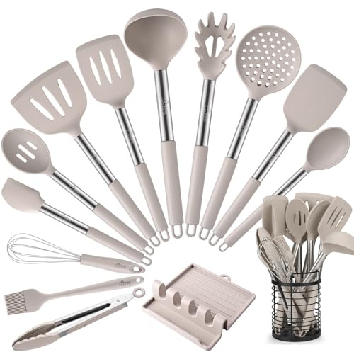 HOTEC 446°F Heat Resistant Silicone Kitchen Utensils, Cooking Utensil Set, Spatula Set, BPA Free, Kitchen Gadgets, With Stainless Steel Utensils Holder, Dishwasher Safe 14pcs Khaki