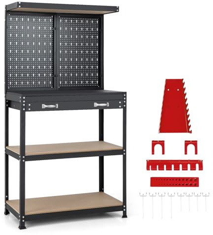 GiantexUK Workbench with Pegboard, Metal Frame Garage Work Bench with 13 Hanging Accessories, Drawer & 4-Tiers Shelves, Heavy Duty Tool Storage Station Unit for Warehouse Workshop (Red + Black) | Metal Frame Heavy Duty Tool Storage Station Unit with 13 Hanging Accessories, Drawer & 4-Tiers Shelves for Warehouse