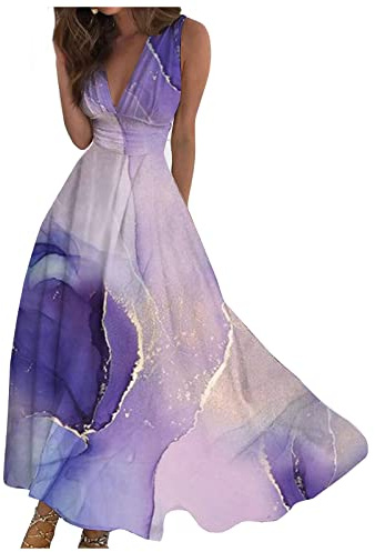 Robe Longue Femme 2026 Robe Florale à col en V Chic et Elegant Robe de Plage bohème sans Manches Robe Été Décontractée Imprimé