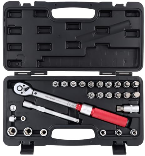BINGCOBBER 3/8 Jeu de clés dynamométriques 5-60 Nm，28PCS Outil de précision comprenant Tige d'extension, Embouts, Écrous, Adaptateurs pour moto Vélo