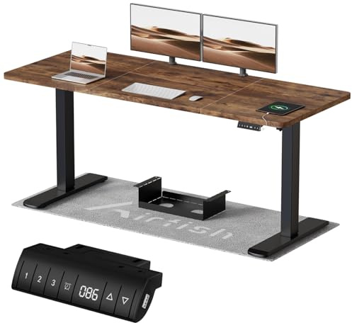 Airfish Höhenverstellbarer Schreibtisch mit USB-Buchse, Elektrisch Schreibtisch mit Kabelwanne, Computertisch, Bürotisch, Stehpult mit Erinnerung an sitzende Tätigkeiten, 200 x 80 cm, Vintage-Braun
