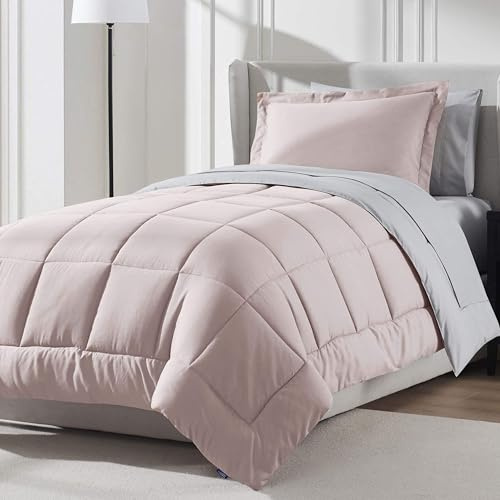 Nestl 5 Piece Twin XL Comforter Set – Blush Pink Reversible Bed in a Bag – Complete Twin XL Size Bedding Set with Sheets, Pillowcase and Sham