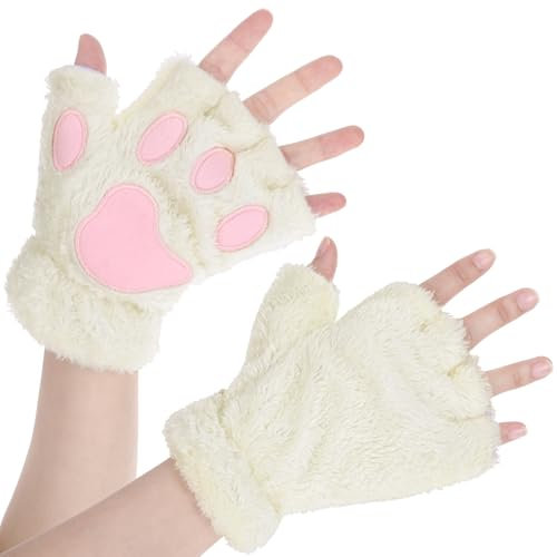 Yolev Katzenpfoten Handschuhe Mädchen, Fingerlose Katzenpfoten Handschuhe Flauschige Dick Warme Winterhandschuhe Damen Mädchen Warmen Fingerhandschue für Draußen Cosplay