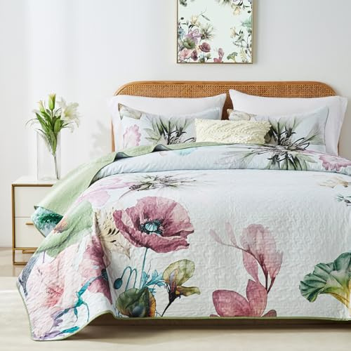 Yogeneg King Size Quilt Set, Elegant Floral Botanical Pattern Green Bedding Set,3 Piece Lightweight Soft Summer Bedspread Coverlet with 2 PIillow Sham for All Season(Green Floral,110x96)
