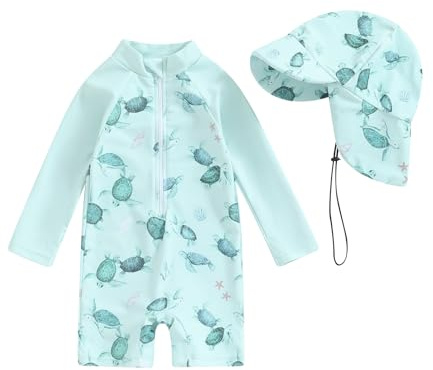 Loalirando Maillot de Bain Enfant Bébé Garçon de 2 Pièces Anti-UV, Combinaison Zippé à Manches Longues Imprimé + Chapeau à Large Bord (Vert Clair, 2-3 Years)