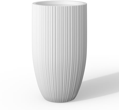 Kante Planter, Concrete, Textured White, 24 Tall | Fluted, Rubber Plug for Indoor, Drainage for Garden, All-Weather Cement Flower Pot, Handcrafted, Anti-UV, Modern Home Decor
