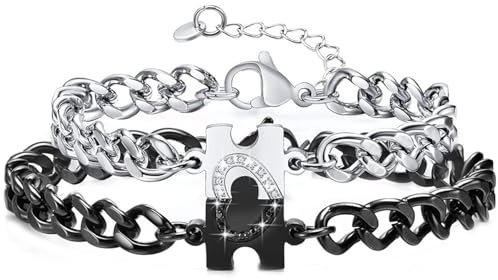 1 par de pulseras para parejas, pulseras con rompecabezas Yin Yang puzle para parejas, pulsera ajustable en plata y negro, pulseras de la amistad, regalo para él y para ella, 1, Acero inoxidable, No