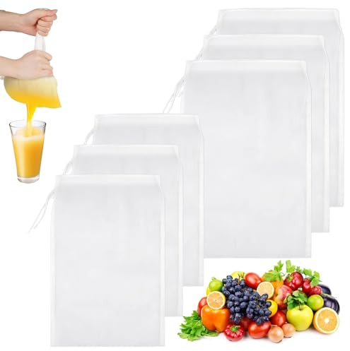 Annickee 6 Stück Nussmilchbeutel, Passiertuch Wiederverwendbar - Dichtegrad 100, 20 x 30 cm / 24 x 36 cm Feingewebt Passiertuch, Nussmilchbeutel Bio Waschbar mit Kordelzug für Fruchtsaft Gemüsesaft