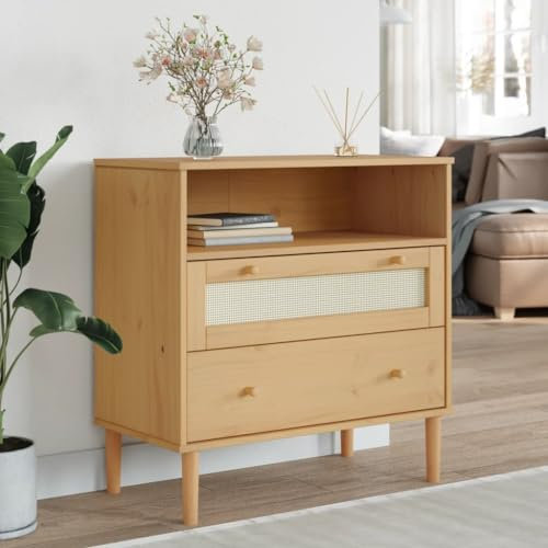 Fasba Sideboard, Kommode, Anrichte, Schrank, Beistellschrank, Mehrzweckschrank, Standschrank, Flurschrank, SENJA Rattan-Optik Braun 80x40x80 cm Kiefernholz