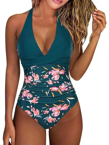 Costume Intero Donna Contenitivo Pancia Vita Alta Costumi Interi Piscina 2025 Sexy Trikini Brasiliana Abbigliamento Push Up Swimwear Monokini Mare con Scollo a V Multicolore L