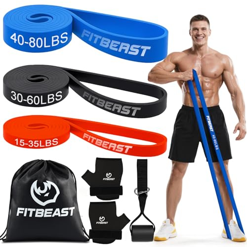 FitBeast Resistance Bands Set, 3 Levels Exercise & Pull Up Bands with Gloves & Door Anchor for Strength Training, Home Workouts (3-Piece Set 15-80 lbs)