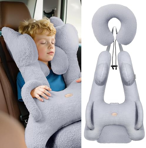 FLORICH Cuscino Auto Bambini a Forma di H, Cuscini Viaggio Bambini, Lavabile e Traspirante con Cuscino per il Collo e Coperta per le Vacanze in Auto (Grigio)