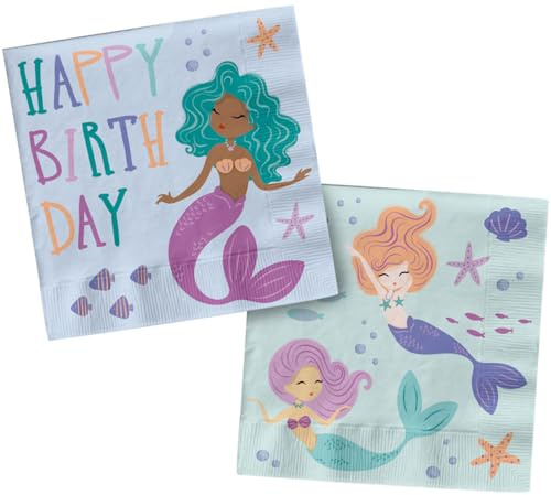 Folat B.V.- Folat 23928 Decoración Sirena de cumpleaños azul con purpurina iridiscente - Servilletas - Mermaid Magic - 33 x 33 cm - 20 unidades - Vajilla para fiestas de mundo submarino, Color