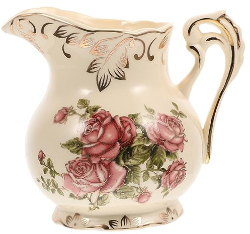 Luxshiny Pot à Lait Pichet à Crème en Céramique 250ml Style Européen Poignée Élégante pour Servir Chaud, Design Rétro Impression Dorée