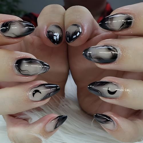 Black Smoke Almond False Nails, Glossy Long Full-Cover Tips, 24-Piece | Translucent Grey Patterning, Selected Crescent Moon Details, For Home Manicures, Evening Events And Themed Occasions